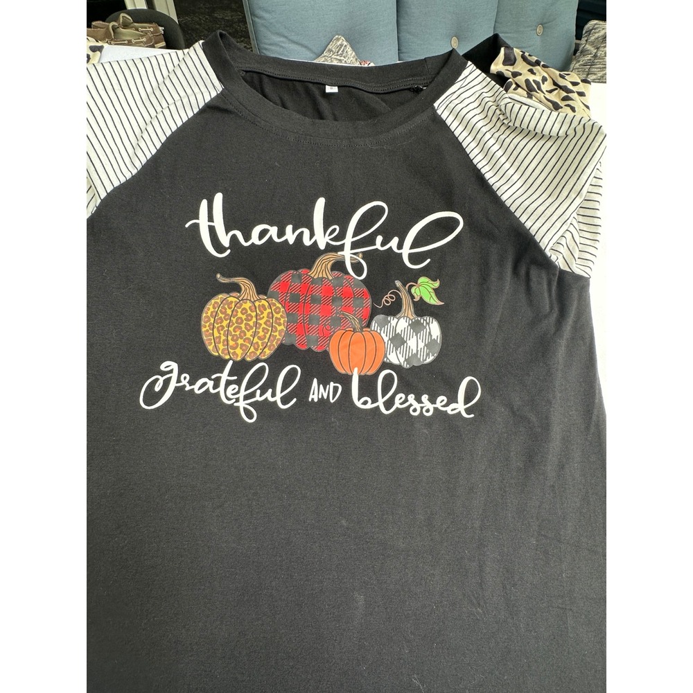 Unbranded Raglan Top Women Black Thanksgiving Pumpkin Mixed Print Sleeve Graphic - Picture 11 of 13